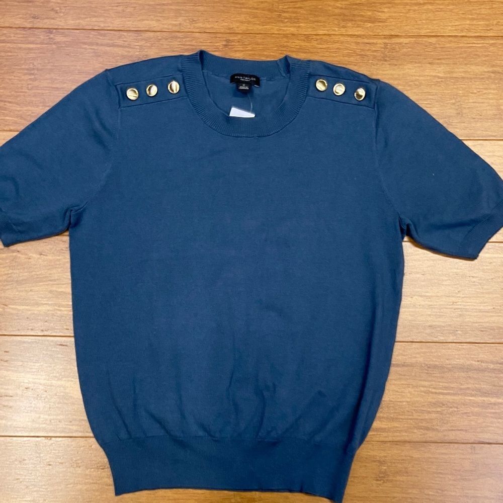 NWT Ann Taylor Short Sleeve Slate Blue Buttoned Shoulder Sweater size Medium